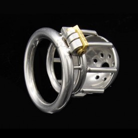 Chastity device with integrated locking system and hole for sounding play. World wide shipping.
