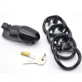 Pretty boy chastity device in black with integrated locking system and 4 back rings.